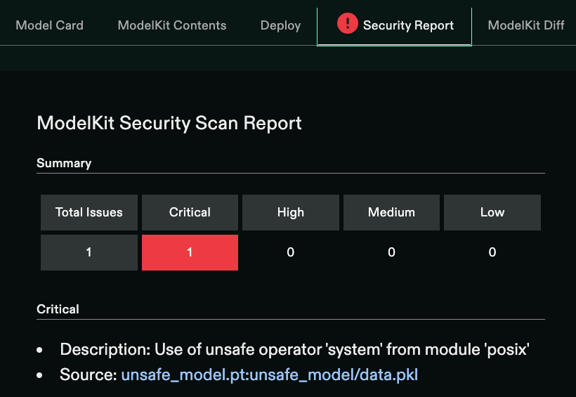Security reports are generated for every ModelKit in the Jozu Hub